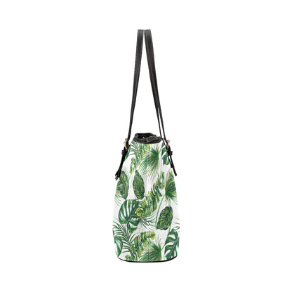 Green Pattern Tropical Palm Leaves Leather Tote Bag