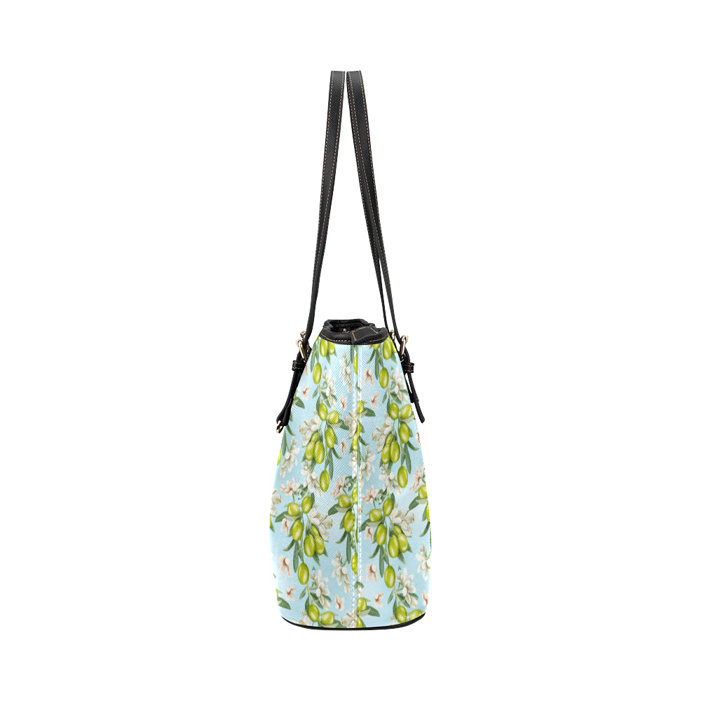Elegant Olive Floral Print Leather Tote Bag