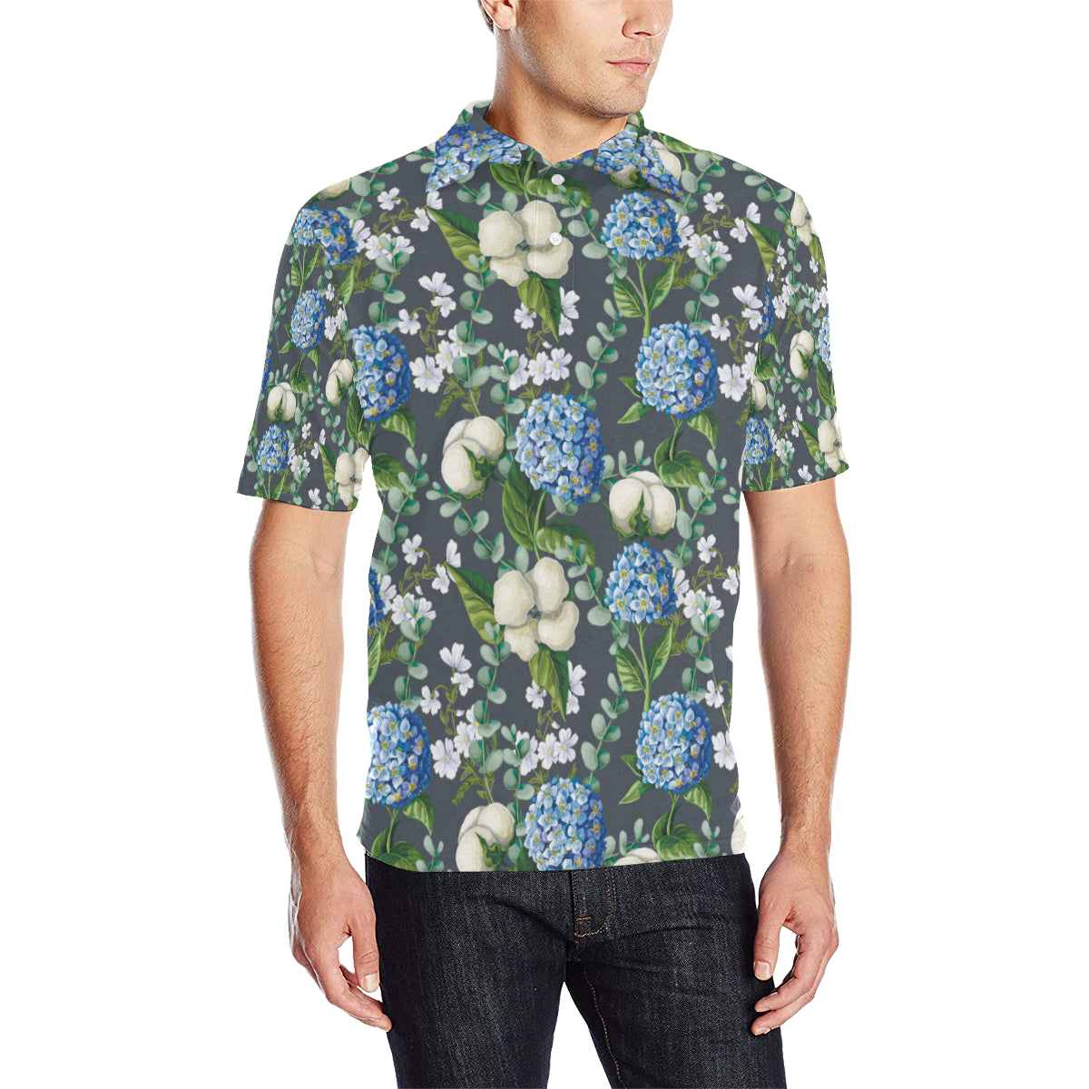 Hydrangea Pattern Print Design 02 Men Polo Shirt