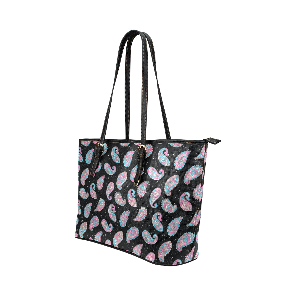Paisley Pink Design Mandala Print Leather Tote Bag