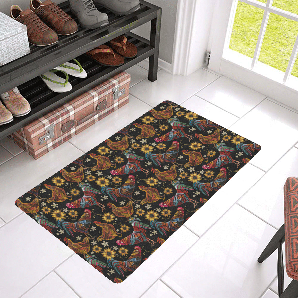 Chicken Embroidery Style Rubber Doormat