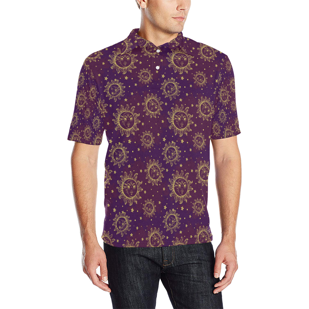 Sun Moon Star Design Themed Print Men Polo Shirt