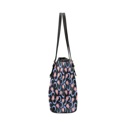 Lotus with Moon Pink Print Themed Leather Tote Bag