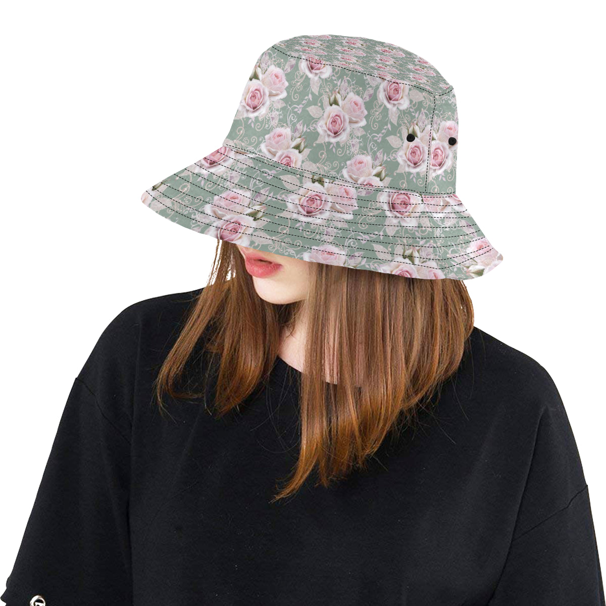 Rose White Pattern Print Design RO012 Unisex Bucket Hat