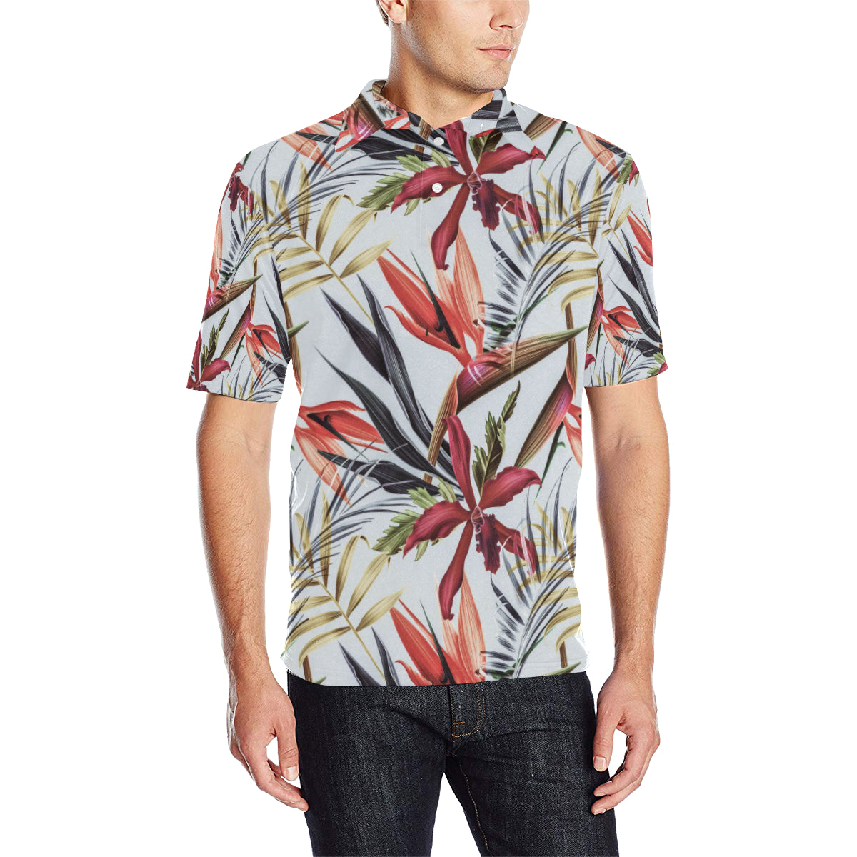 Tropical Flower Pattern Print Design TF021 Men Polo Shirt