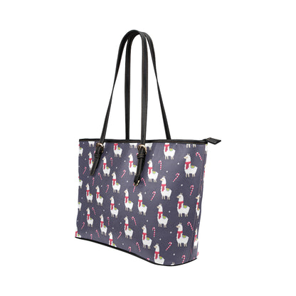 Llama with Candy Cane Themed Print Leather Tote Bag
