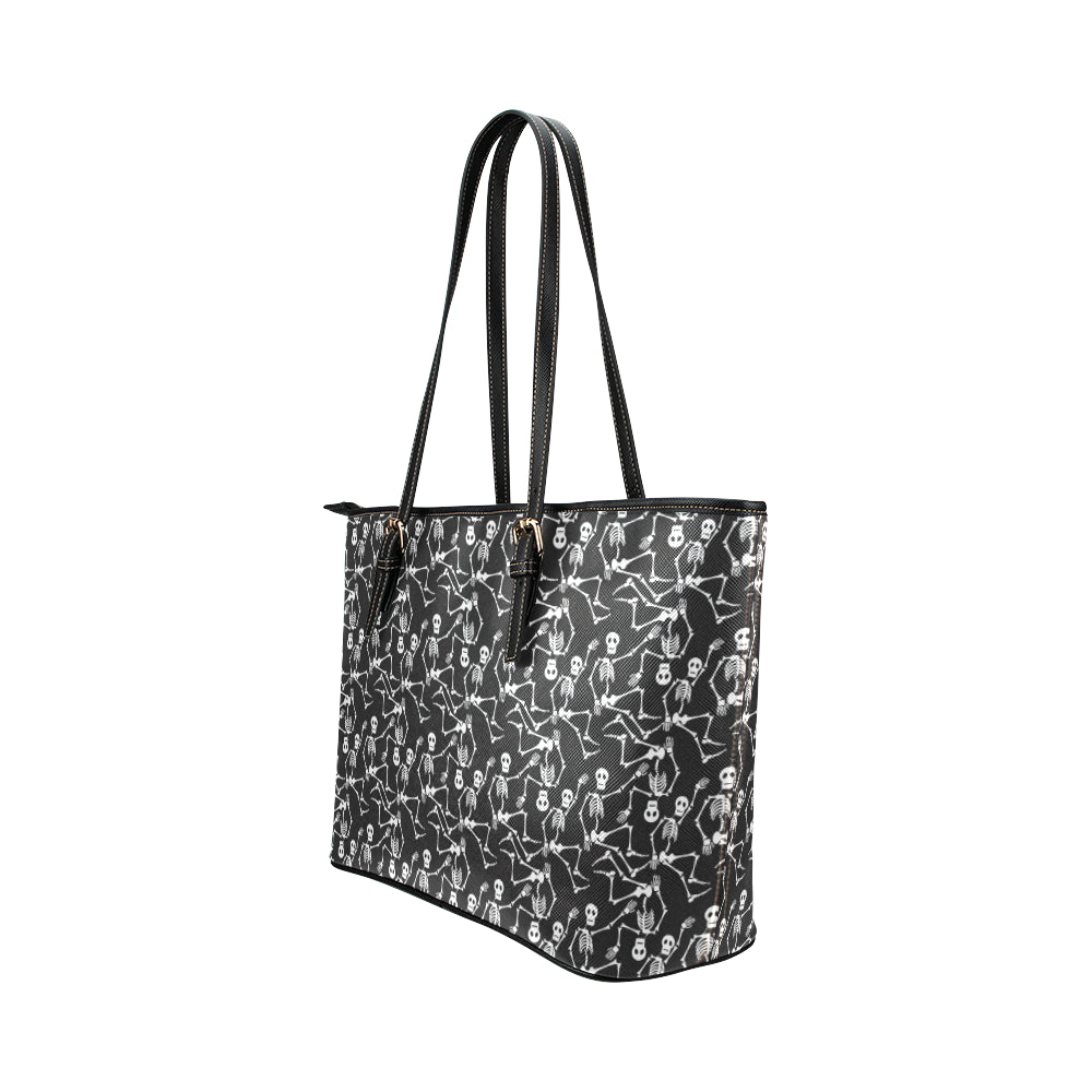 Skeleton Themed Print Leather Tote Bag