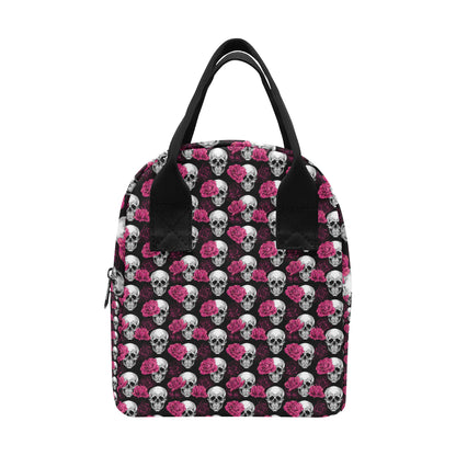 Pink Rose Skull Themed Print Insulated Lunch Bag