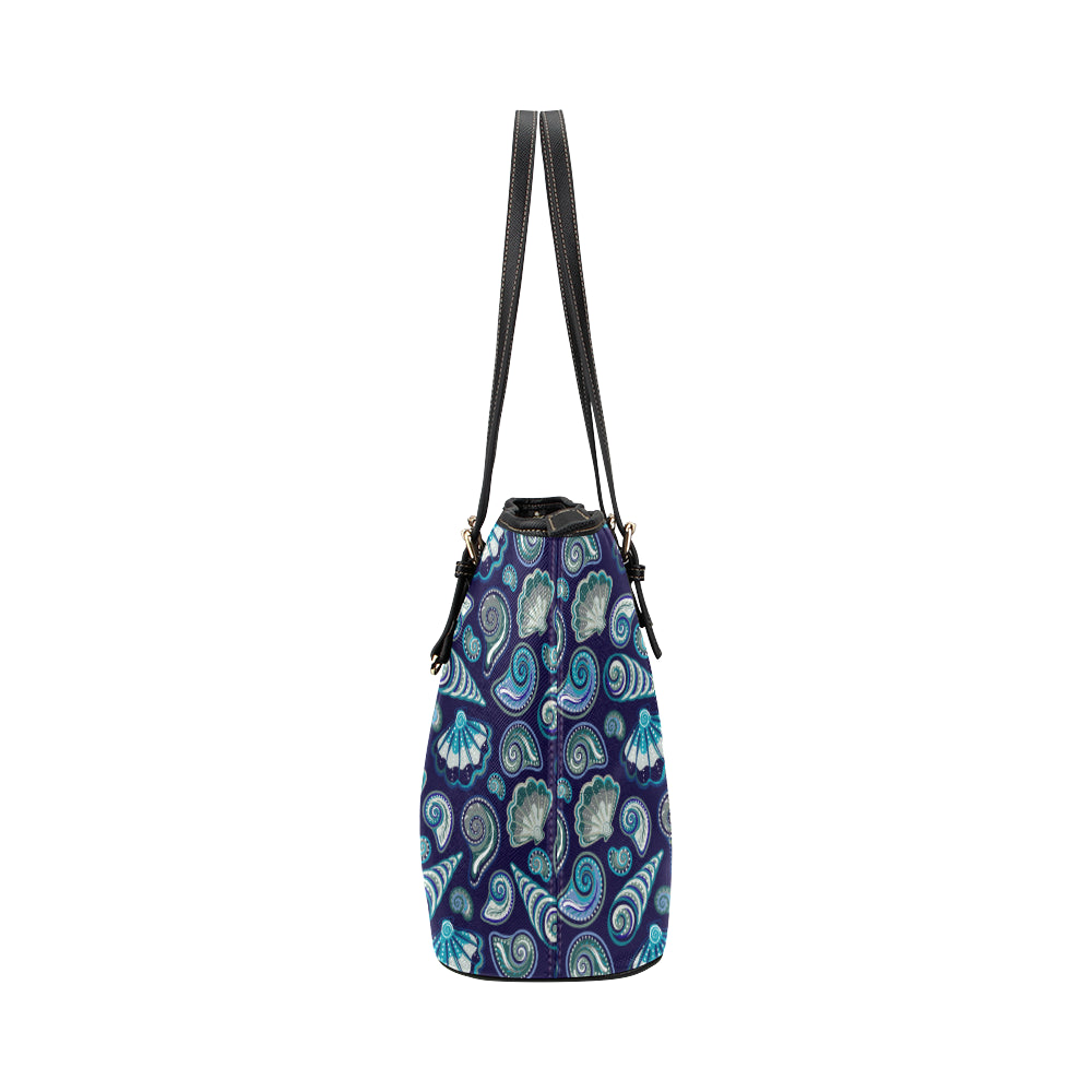 Beach Seashell Blue Print Leather Tote Bag