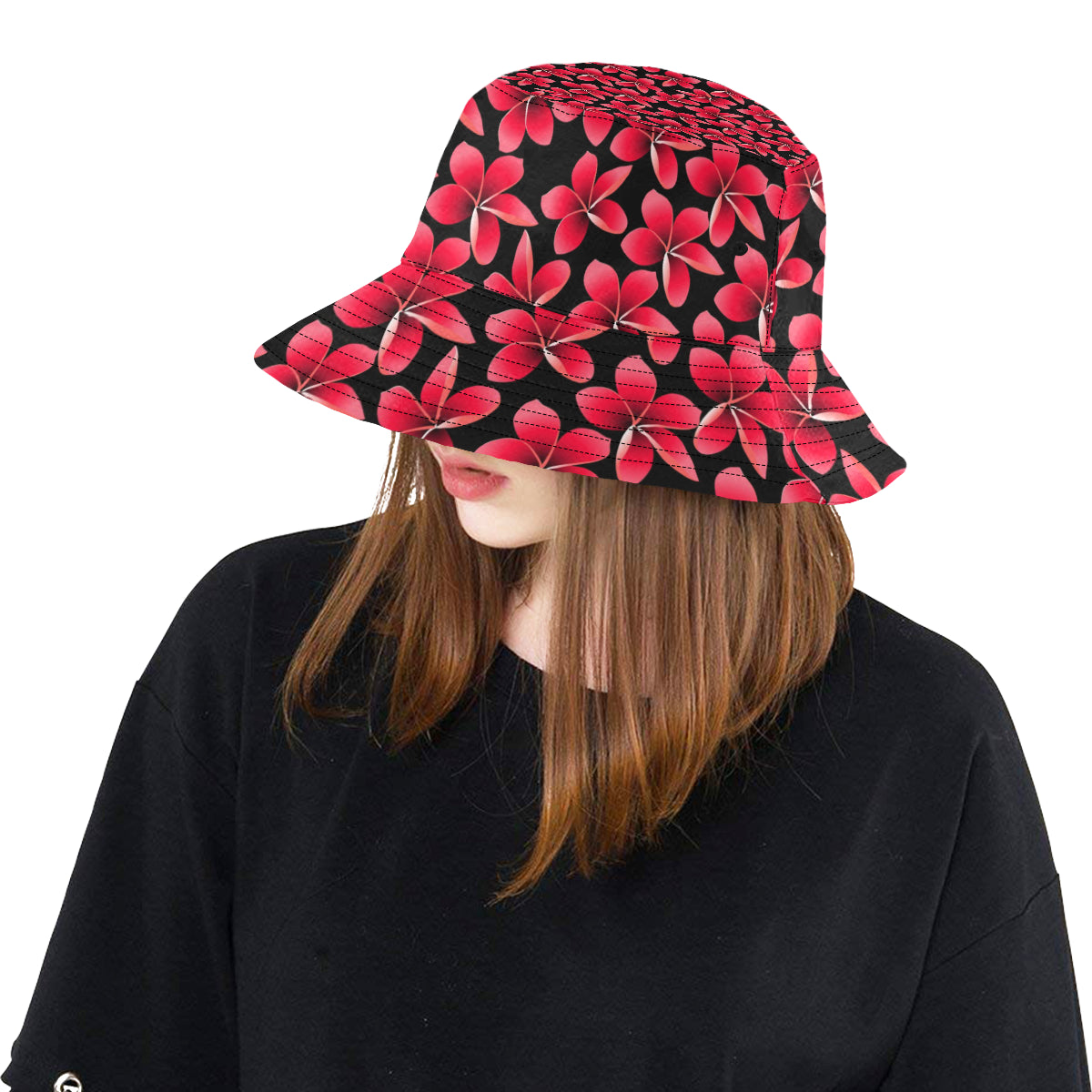Red Plumeria Pattern Print Design PM025 Unisex Bucket Hat