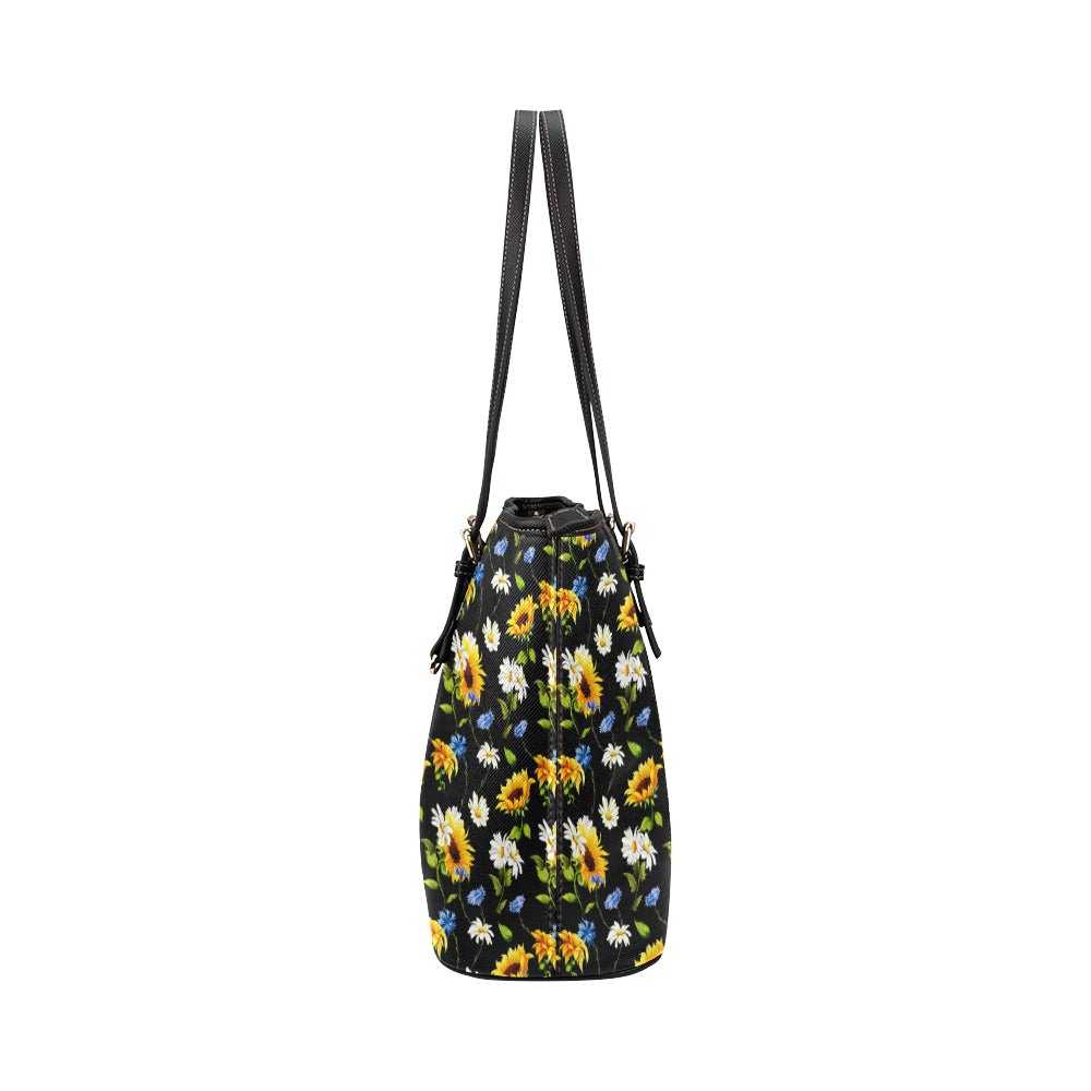 Sunflower Chamomile Bright Color Print Leather Tote Bag