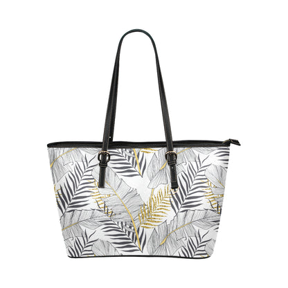 Gold Glitter Tropical Palm Leaves Leather Tote Bag