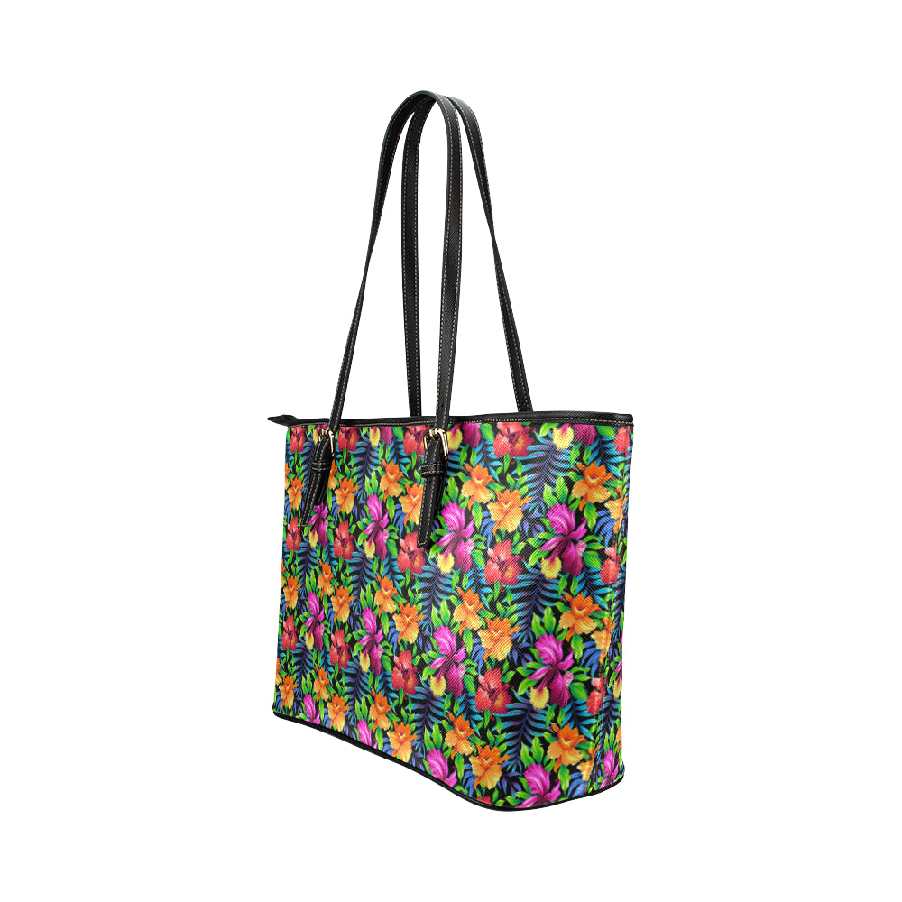 Tropical Folower Colorful Print Leather Tote Bag