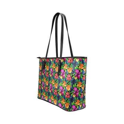 Tropical Folower Colorful Print Leather Tote Bag
