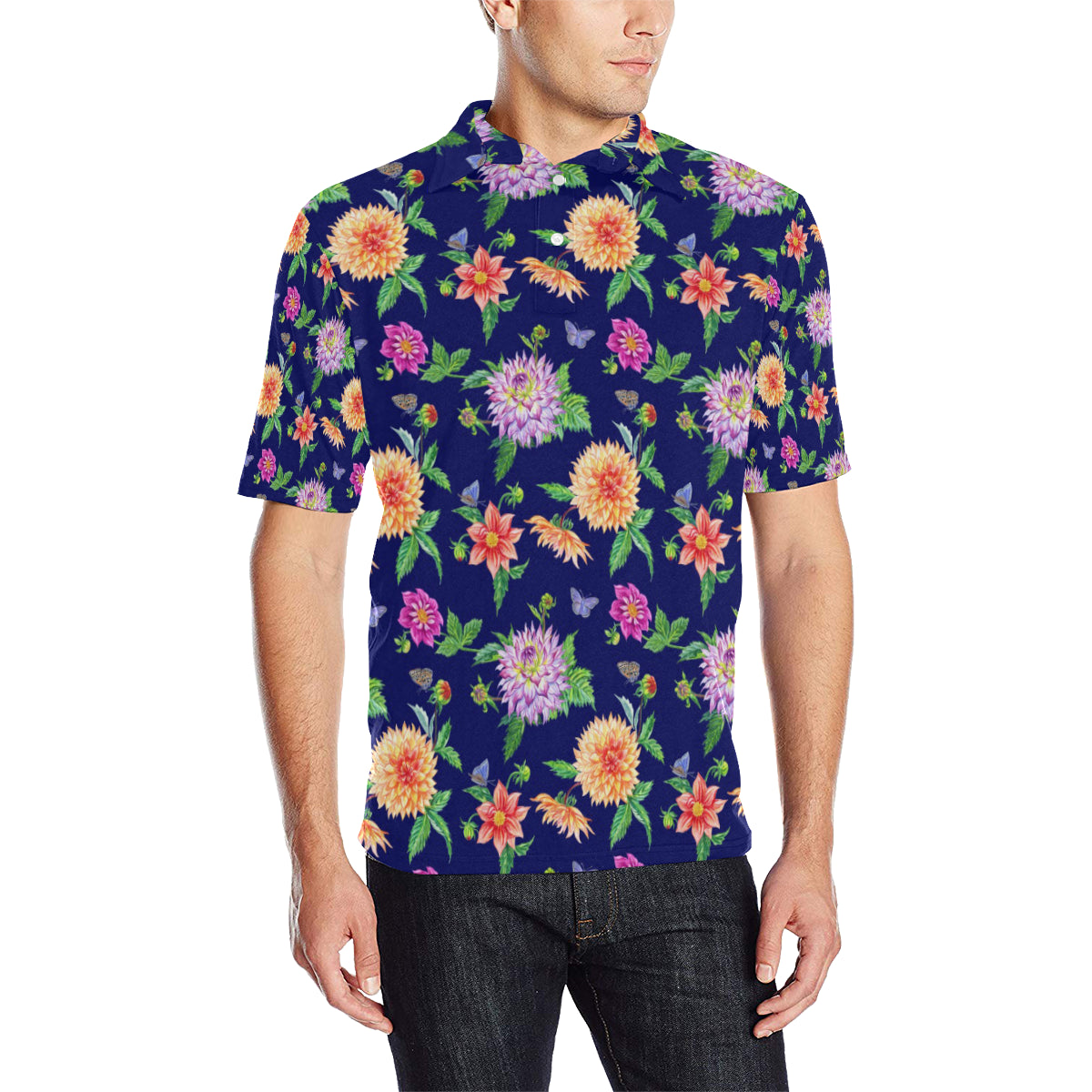 Dahlia Pattern Print Design DH010 Men Polo Shirt