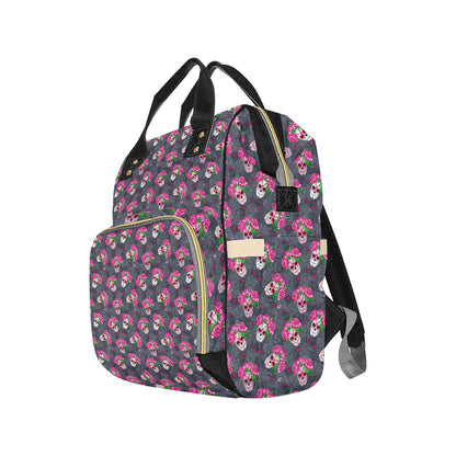 Sugar Skull Pink Rose Themed Print Diaper Bag Backpack