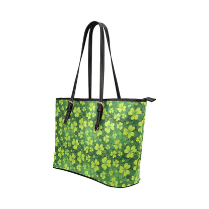 Shamrock Clover Print Leather Tote Bag