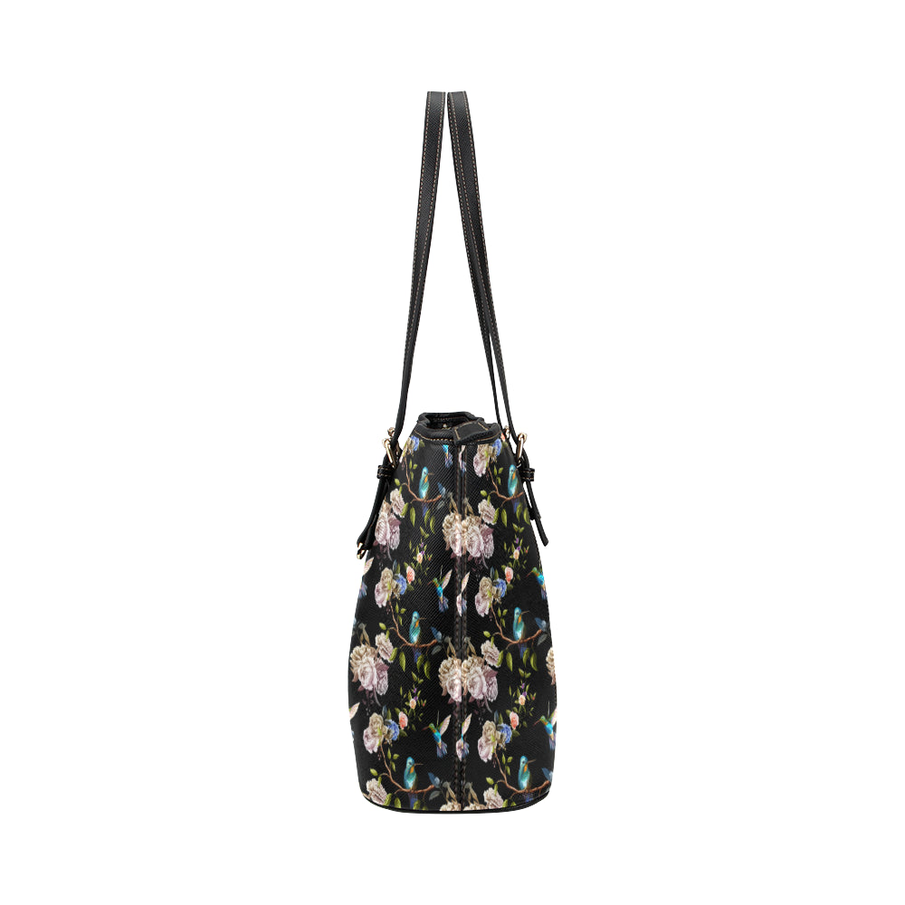 Hummingbird Flower Themed Print Leather Tote Bag