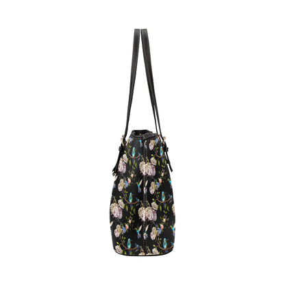 Hummingbird Flower Themed Print Leather Tote Bag