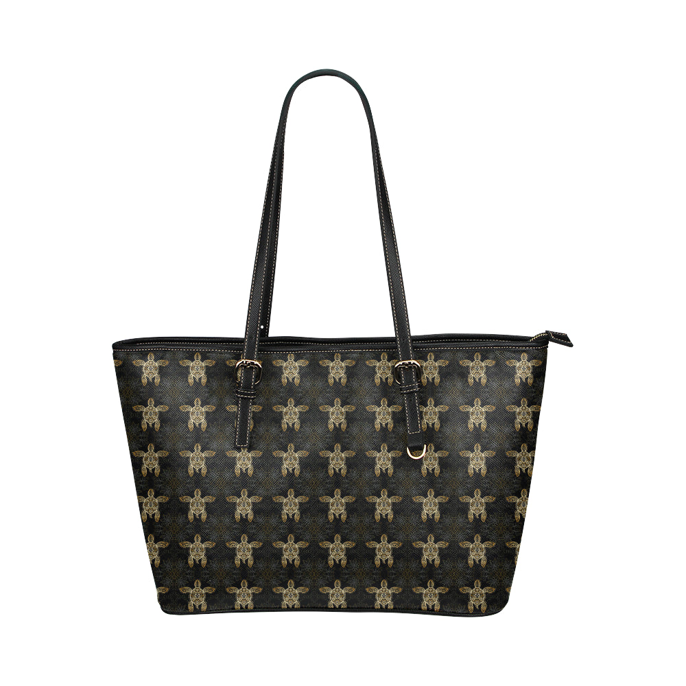 Gold Tribal Turtle Polynesian Design Leather Tote Bag