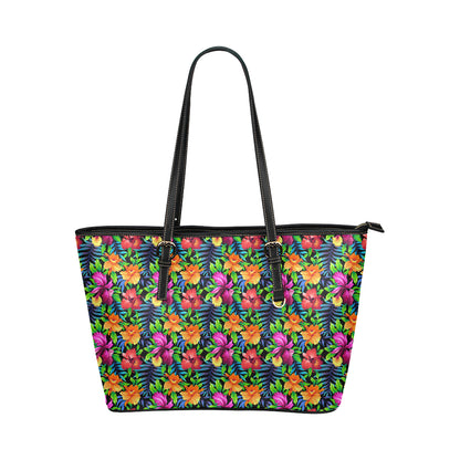 Tropical Folower Colorful Print Leather Tote Bag