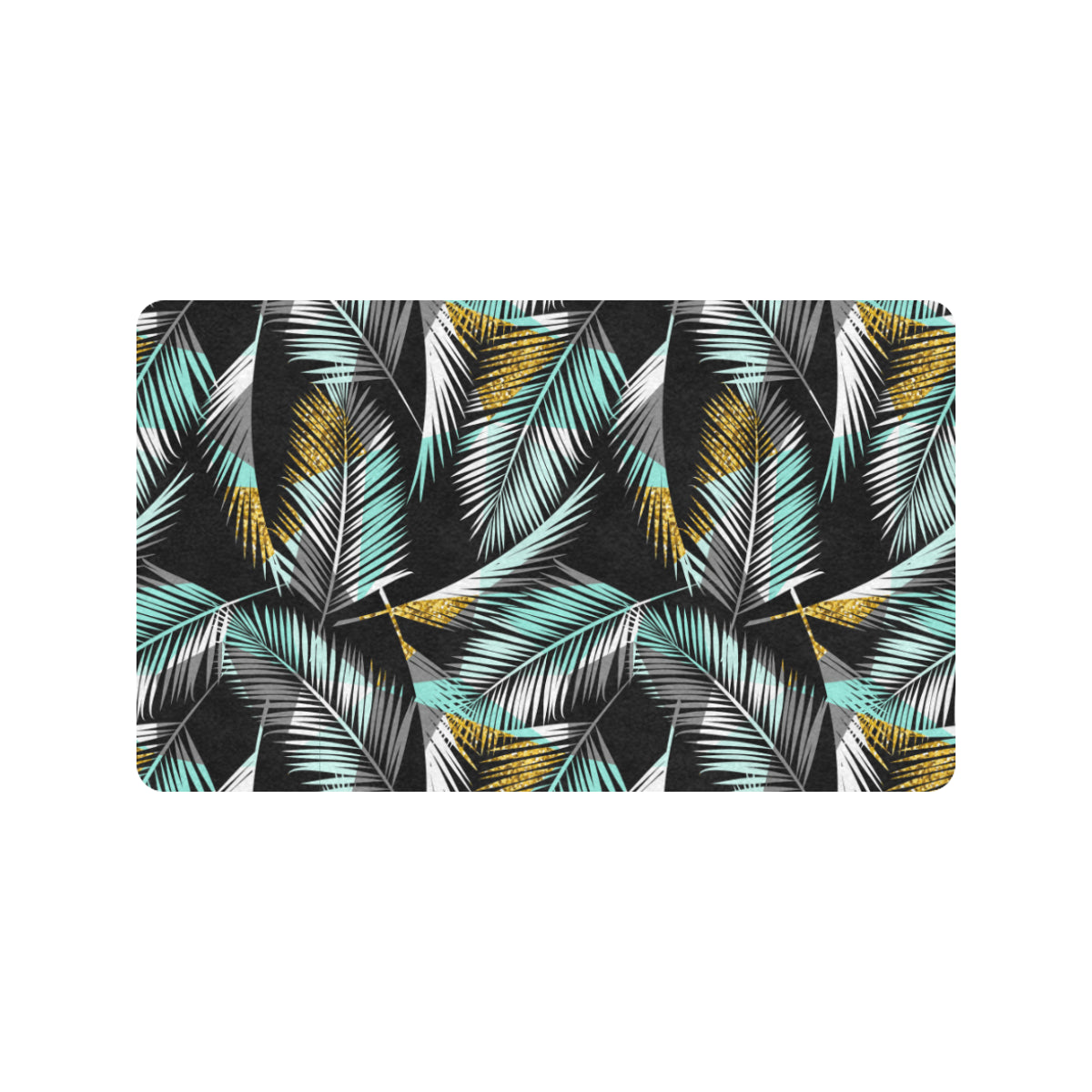 Gold Glitter Cyan Tropical Palm Leaves Rubber Doormat