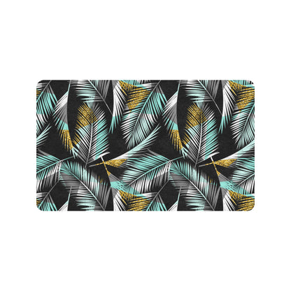 Gold Glitter Cyan Tropical Palm Leaves Rubber Doormat