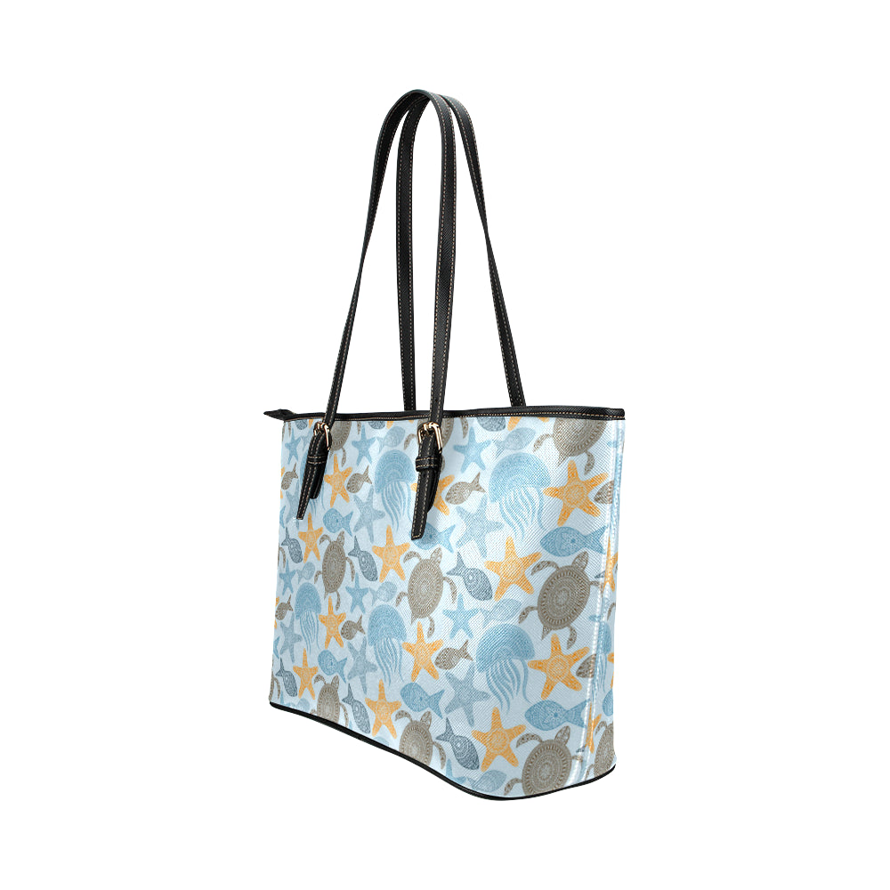 Polynesian Jellyfish Turtle Print Leather Tote Bag