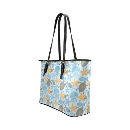 Polynesian Jellyfish Turtle Print Leather Tote Bag