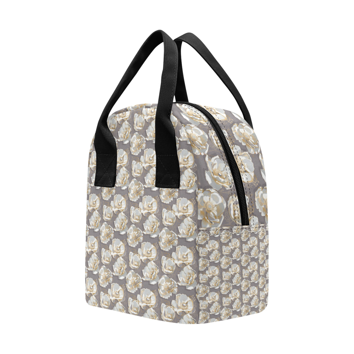 Elegant Grey Flower Print Insulated Lunch Bag