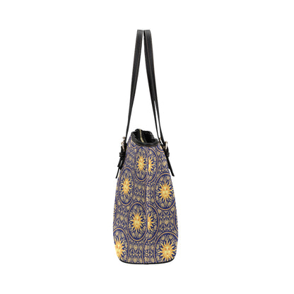 Celestial Gold Sun Face Leather Tote Bag