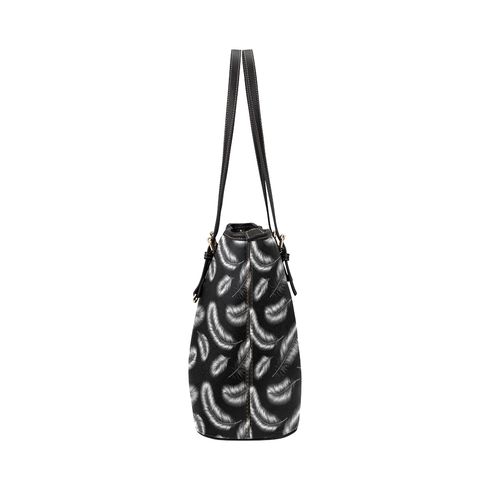 Feather Black White Design Print Leather Tote Bag