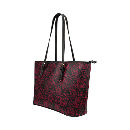 Red Rose Design Print Leather Tote Bag