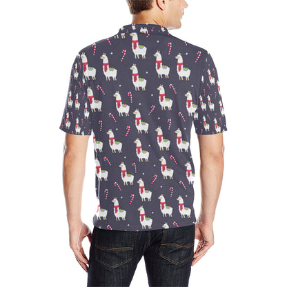 Llama with Candy Cane Themed Print Men Polo Shirt