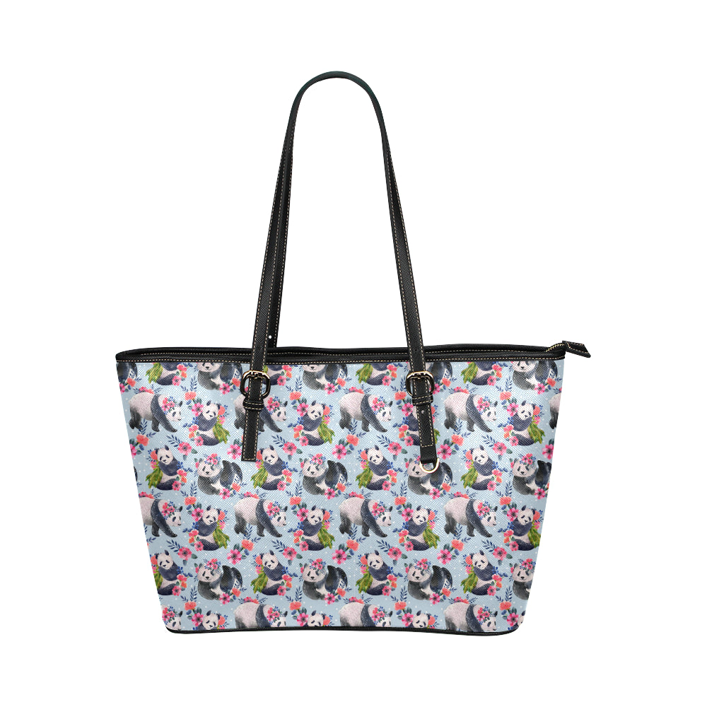 Panda Bear Flower Design Themed Print Leather Tote Bag