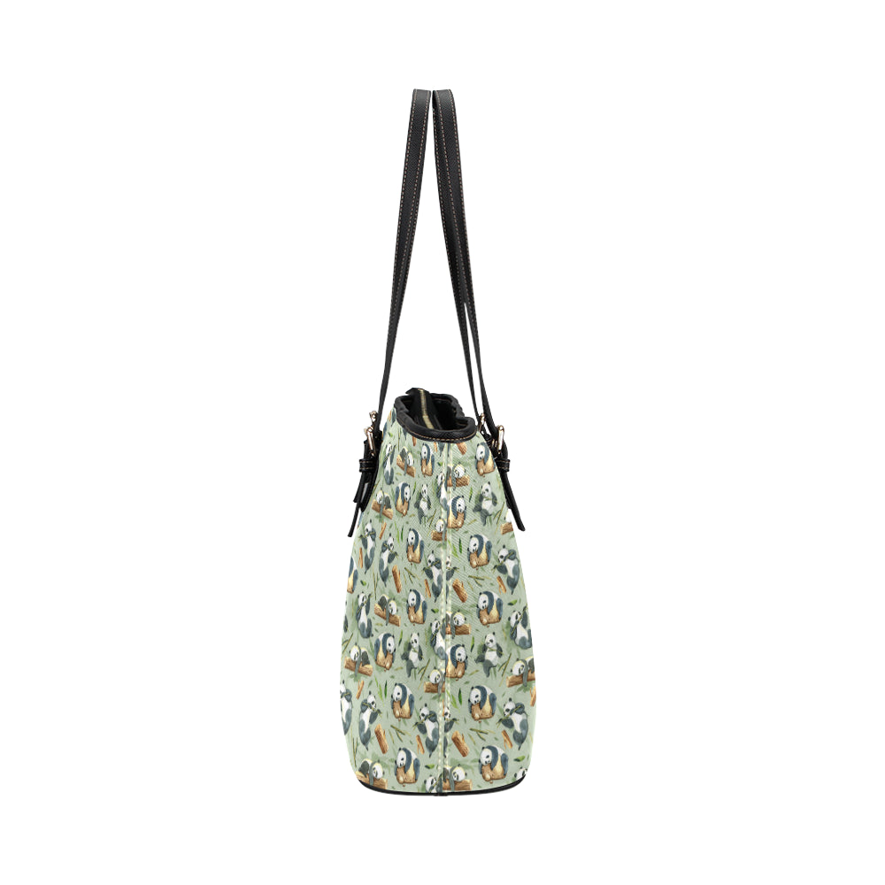 Panda Bear Design Bamboo Print Leather Tote Bag