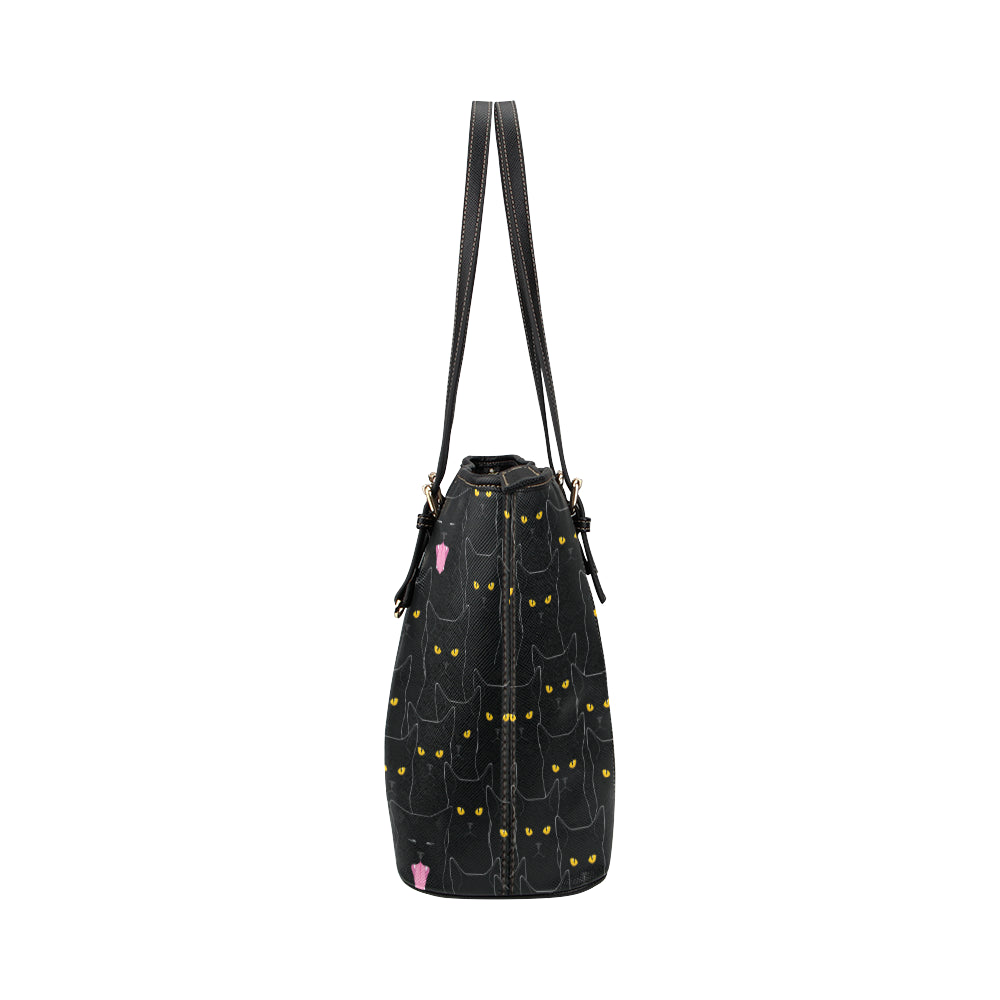 Black Cat Yellow Eyes Print Pattern Leather Tote Bag