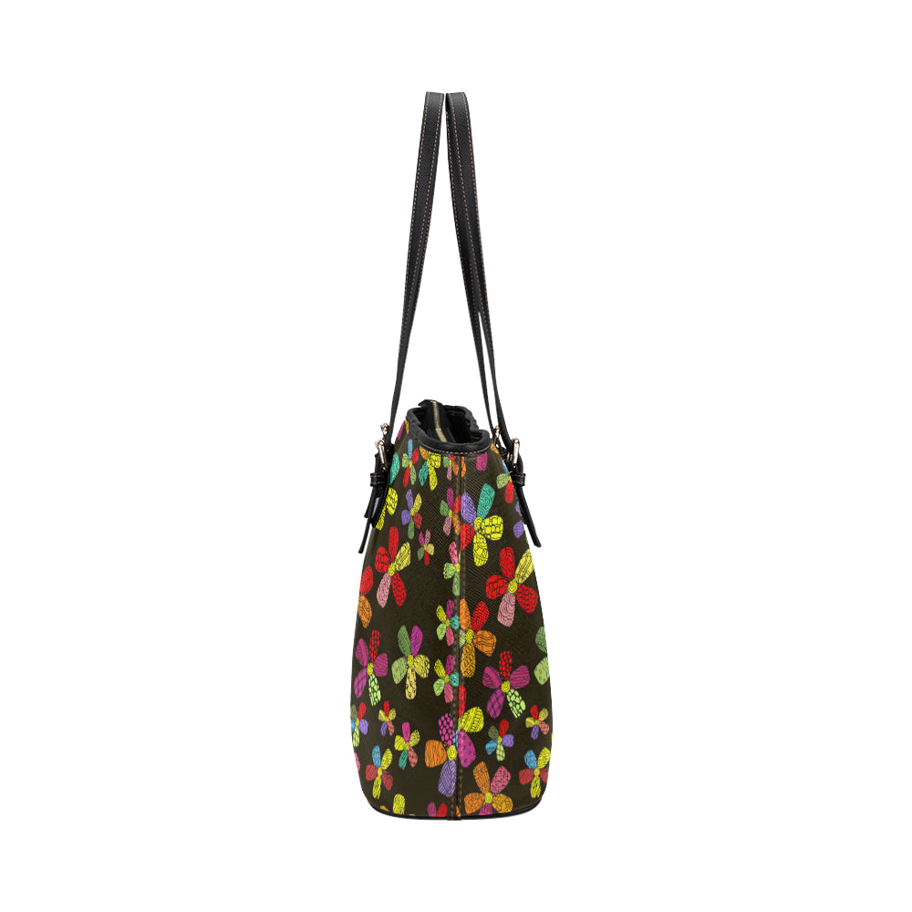 Flower Power Colorful Print Pattern Leather Tote Bag