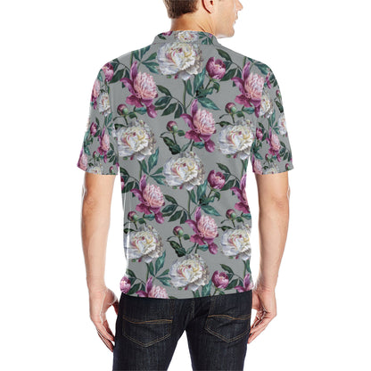 Peony Pattern Print Design PE01 Men Polo Shirt