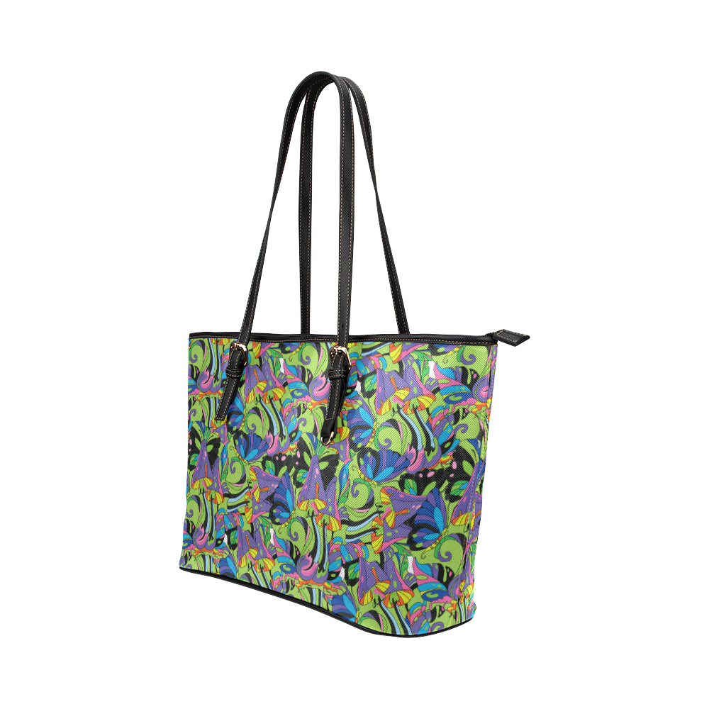 Psychedelic Trippy Mushroom Themed Leather Tote Bag