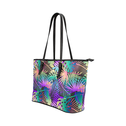 Neon Flower Tropical Palm Leaves Leather Tote Bag