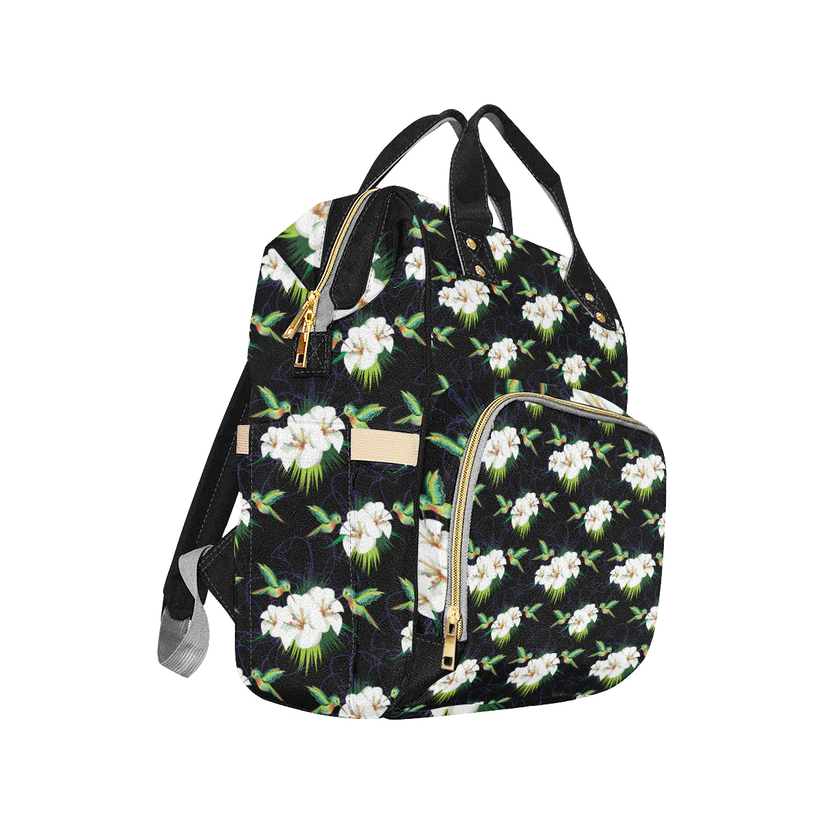 Hummingbird with Flower Pattern Print Design 03 Diaper Bag Backpack