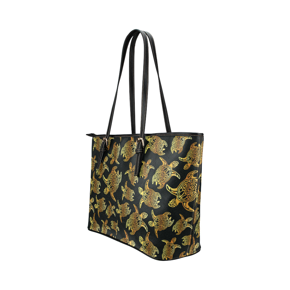 Gold Tribal Turtle Polynesian Themed Leather Tote Bag