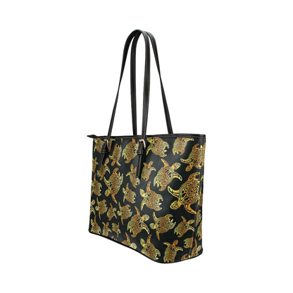Gold Tribal Turtle Polynesian Themed Leather Tote Bag