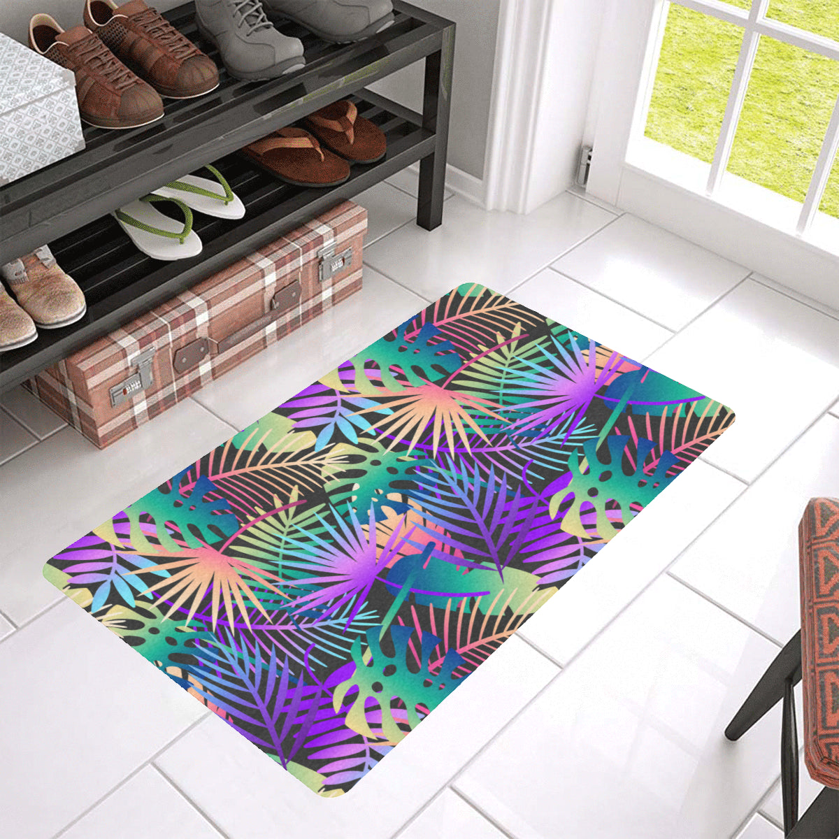 Neon Flower Tropical Palm Leaves Rubber Doormat