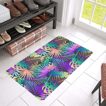 Neon Flower Tropical Palm Leaves Rubber Doormat