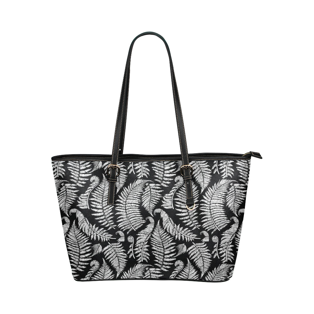 Fern Leave Black White Print Pattern Leather Tote Bag