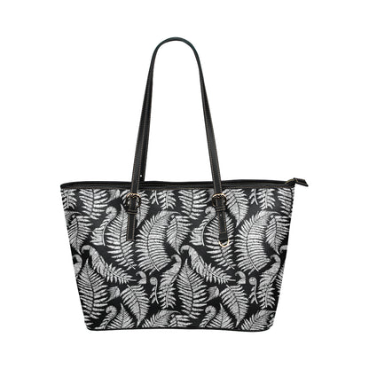 Fern Leave Black White Print Pattern Leather Tote Bag