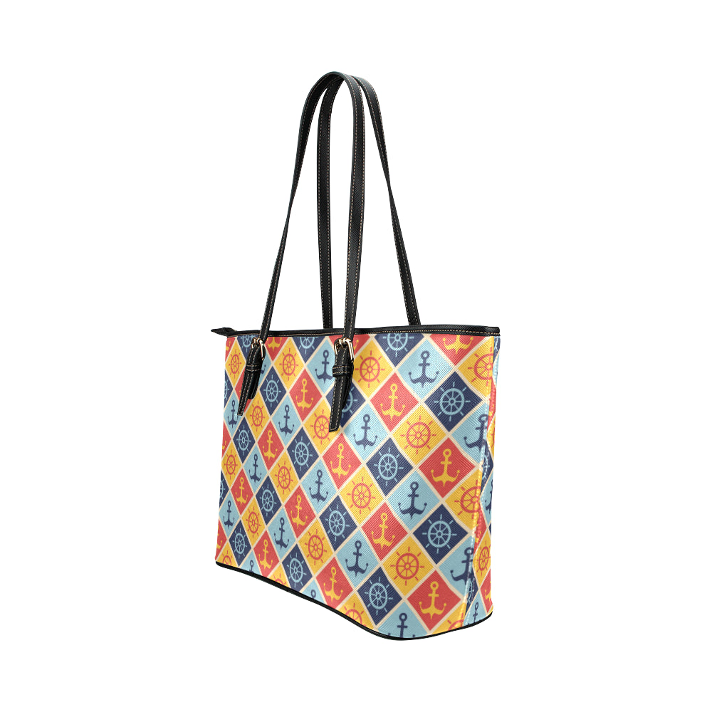 Nautical Pattern Design Themed Print Leather Tote Bag