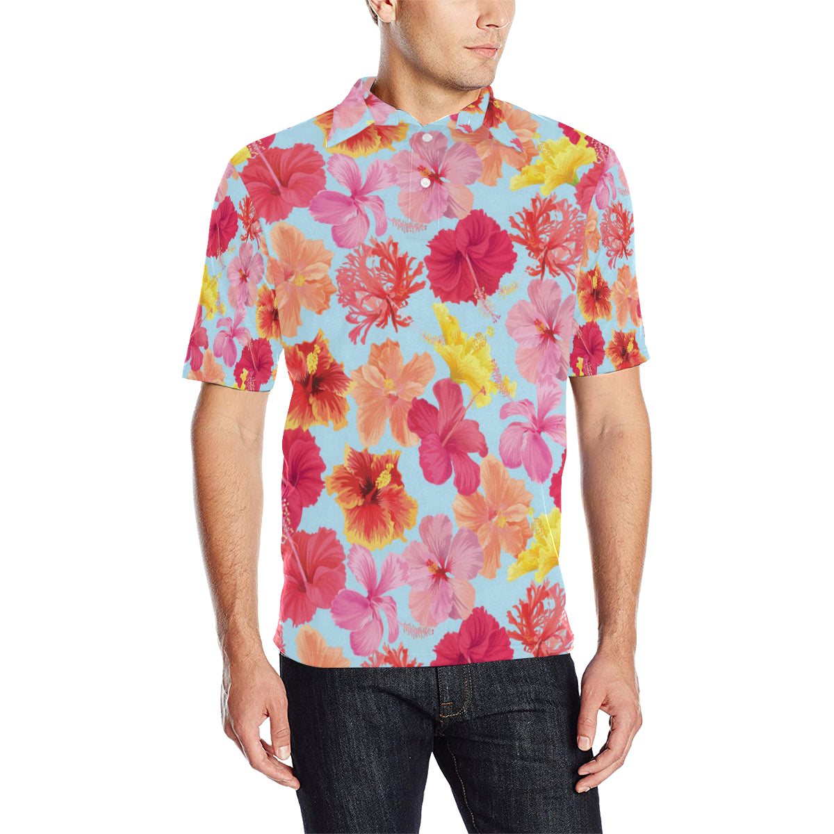 Hibiscus Pattern Print Design HB020 Men Polo Shirt